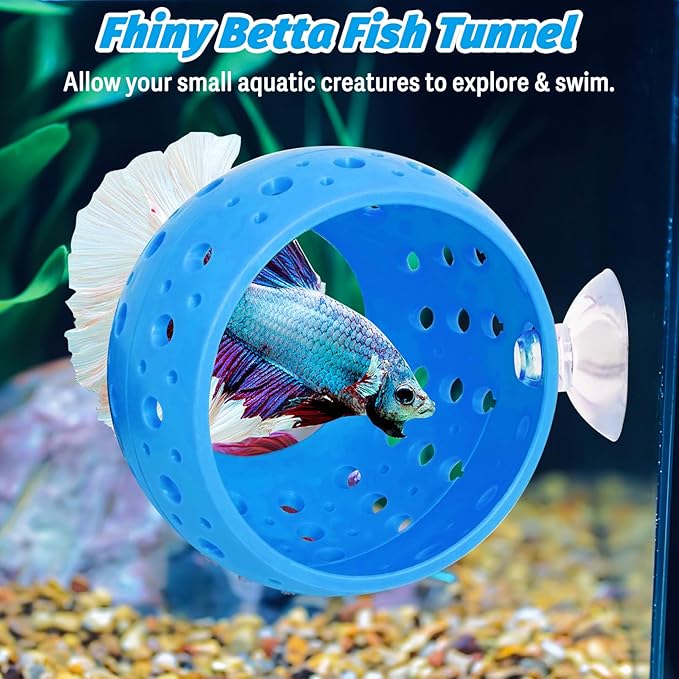 Fhiny Betta Tunnel, Aquarium Fish Hideout with Suction Cup - Shrimp Cave Aquarium Decor for Small Fish, Shrimp, Guppy Hiding & Resting (Blue)