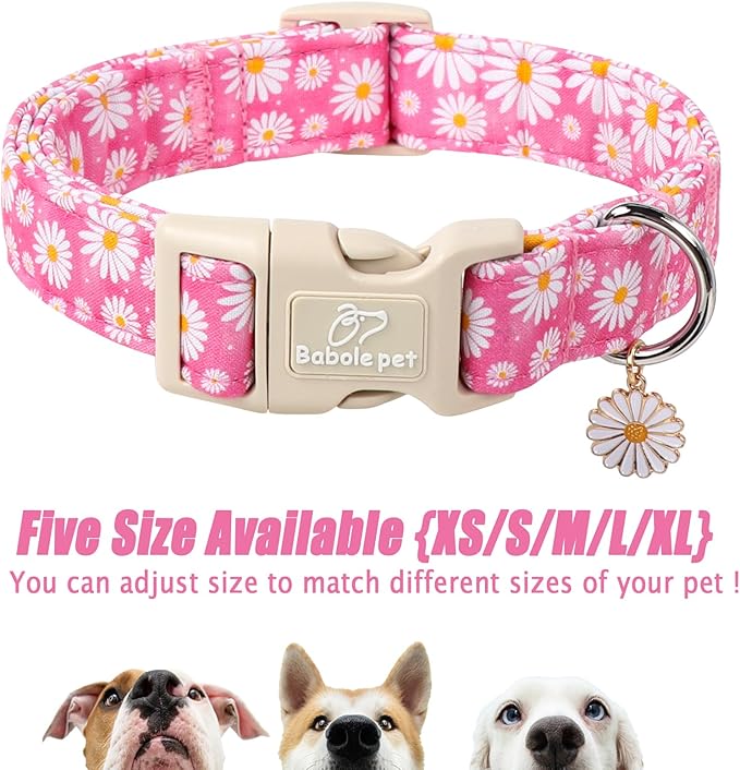 Summer Daisy Dog Collar, Cute Floral Adjustable Pink Dog Collars for Medium Dogs, Lightweight Quick-Release Buckle Collar for Boy&Girl Dogs M