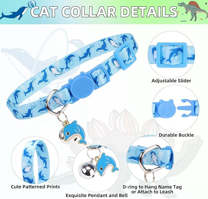 PUPTECK Breakaway Cute Cat Collar with Bell Charm, 2 Packs Adjustable Kitty Collars Animals Pattern, Blue&White, 7.8-11.8 in
