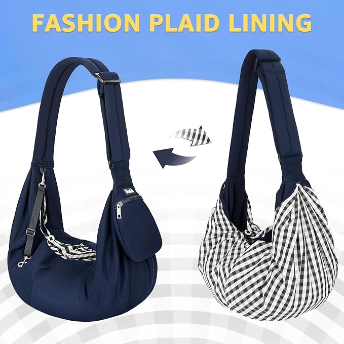 SlowTon Dog Carrier Sling - Thick Padded Shoulder Strap Adjustable Dog Carriers for Small Dogs, Puppy Carrier Purse for Pet Cat with Front Zipper Pocket Safety Belt Machine Washable (Navy Knitted, S)