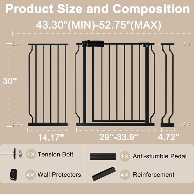 WAOWAO Baby Gate 43.3-52.75" Extra Wide Pressure Mounted Walk Through Swing Auto Close Safety Black Metal Toddler Kids Child Dog Pet Puppy for Stairs,Doorways,Kitchen
