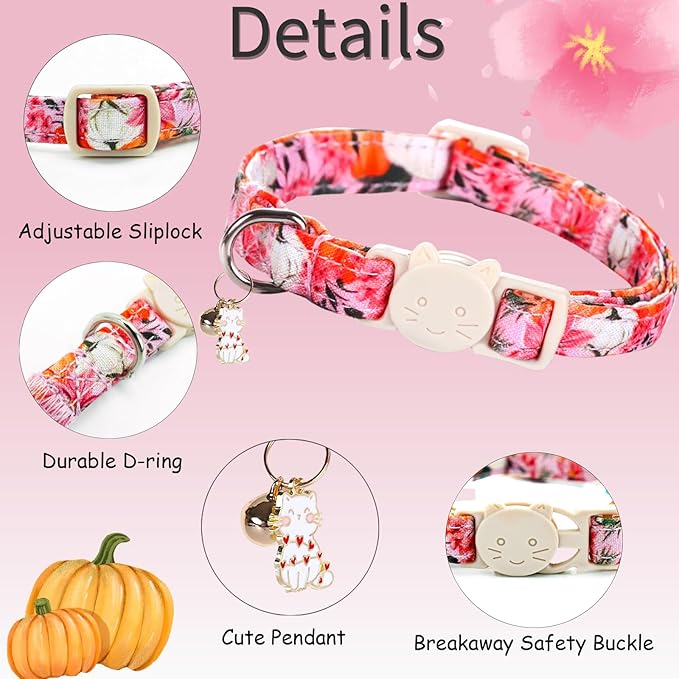 Fall Cat Collar-2 Pack Holiday Cat Collars Pumpkin Print Breakaway with Kitten and Bell Pendant Safety Buckle Pet Collar Cute Cotton Collar for Cats and Small Pets Gift