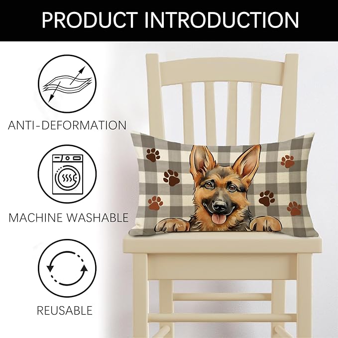 German Shepherd Dog Lumbar Decorative Throw Pillow Cover 12x20, Rectangular Paw Prints Outdoor Home Decor Pet Owner Lover Gift, Farmhouse Buffalo Plaid Sofa Couch Cushion Case Housewarming Gifts