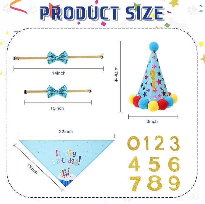 Weewooday Dog Birthday Party Supplies Birthday Boy Girl Cake Bandana Triangle Scarf Party Hat Dog Bow Tie Collar with Numbers for Large Medium Small Dog Puppy 1st Birthday(Cute Style,Medium)