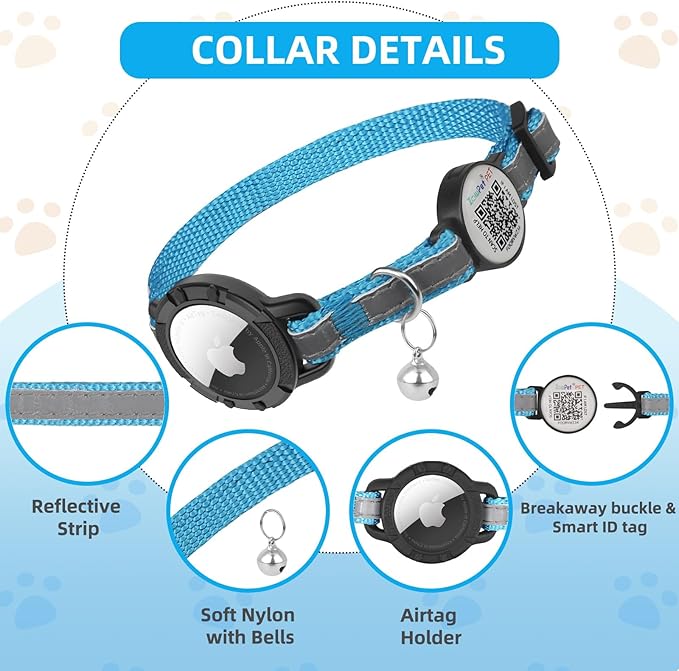 Airtag Cat Collar Breakaway with QR Code Name Tag, Reflective cat Collar airtag Holder with Bell, Cat ID Tag Personalized, Ultra-Durable, Adjustable, Quick Release, Fits Small Large Cats, Blue