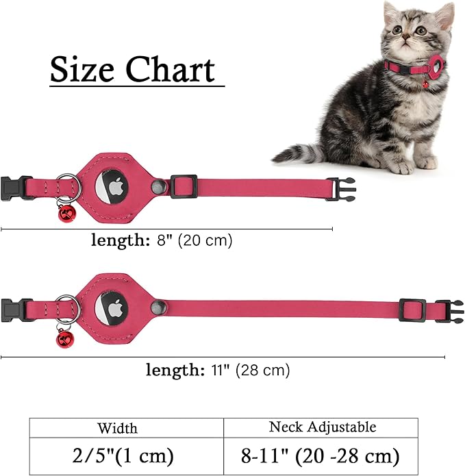 Breakaway Airtag Cat Collar with Removable Bell - Leather Pet Collar with Apple Air Tag Holder - Adjustable GPS Collars for Girl Boy Cats Kitten Puppy - Lightweight, Cute and Comfortable (Pink)