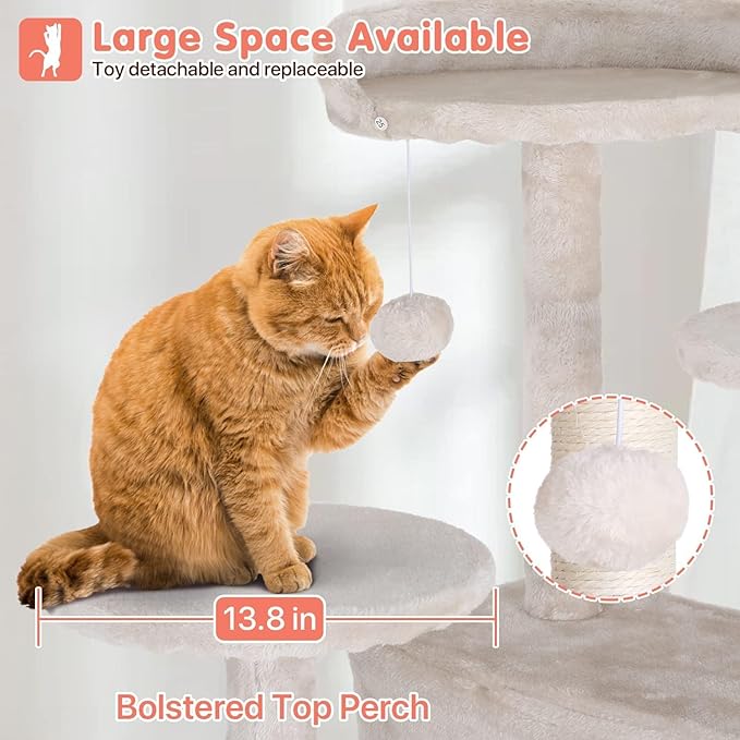 54in Cat Tree Cat Climbing Tower with Scratching Post, Cats House Perch Kitten Tree Condo Wood Playhouse, Pet Trees Tower for Indoor Cats, Beige