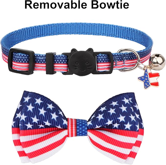 ADOGGYGO American Flag Cat Collars with Bow Bell, Breakaway Pet Bowtie Collar Red Blue Star Flag 4th of July Collars for Girl Boy Cats Kittens