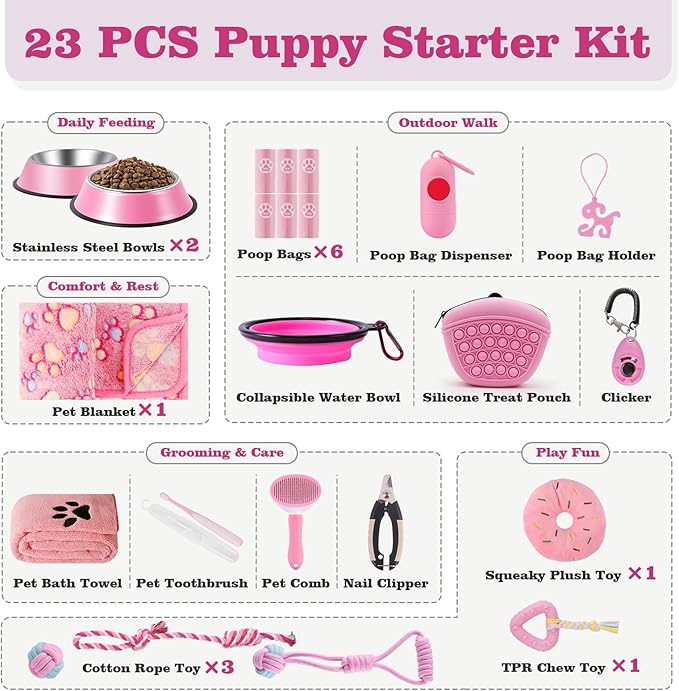 Puppy Supplies Starter Kit – Puppy Essentials and Dog Stuff Set for Small Dogs, Includes Bowls, Toys, Toothbrush, Treat Pouch and More, Welcome Home Gifts for Your New Puppies - Pink