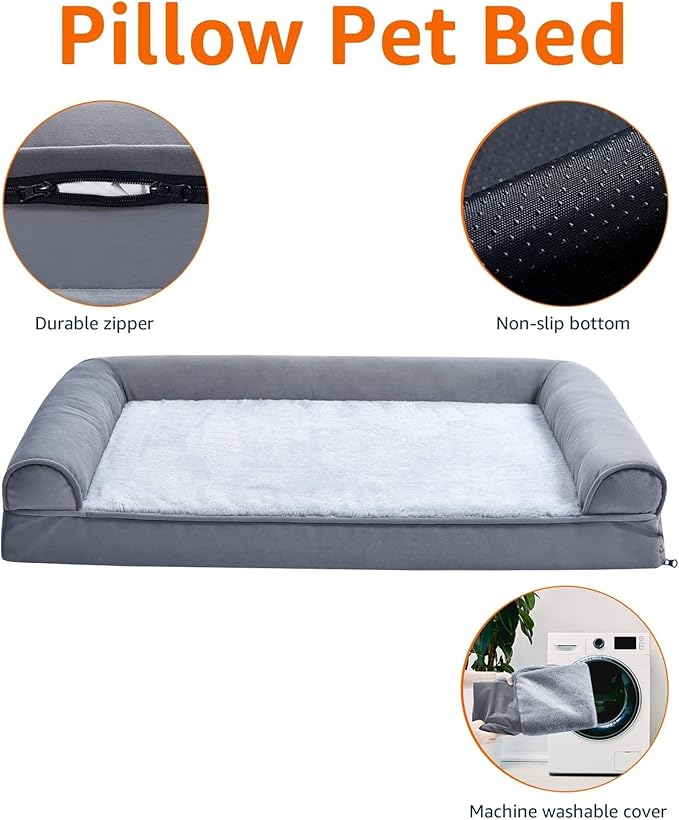 Amazon Basics Living Room Couch Dog Bed with Premium Foam, Non-Slip Bottom, Removable Washable Cover, Pressure-Relief Support for Dogs up to 55lbs, Large (36" x 27"), Grey