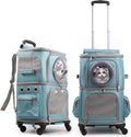 2-in-1 Pet Carrier Backpack for Two Cats or One Dog with Puller & Roller, Green Double Compartments Carry Bag for Large Fat Cat and Puppy Traveling and Hiking, Space Capsule Clear Bubble Dome