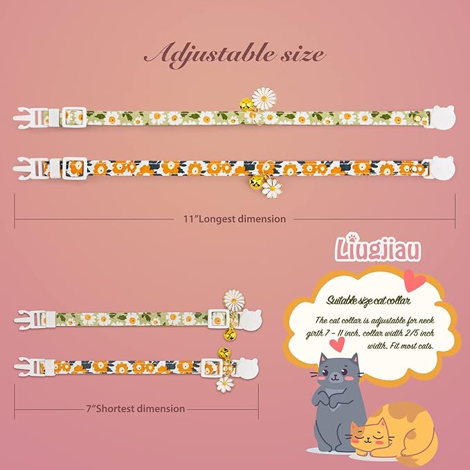 2 Pack Cotton Breakaway Cat Collar with Bell Green&Orange Daisy Pendant Cute Kitten Cat Collar Suitable for Girls and Boys