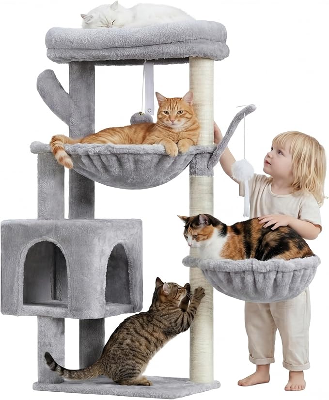 Heybly Cat Tree, 39.4 Inches Tower Condo with Scratching Post, Cat Tower for Indoor Cats, Fully Wrapped Sisal Pole, Soft Platform, 2 Baskets and Dangling Toy, Light Gray HCT006SW