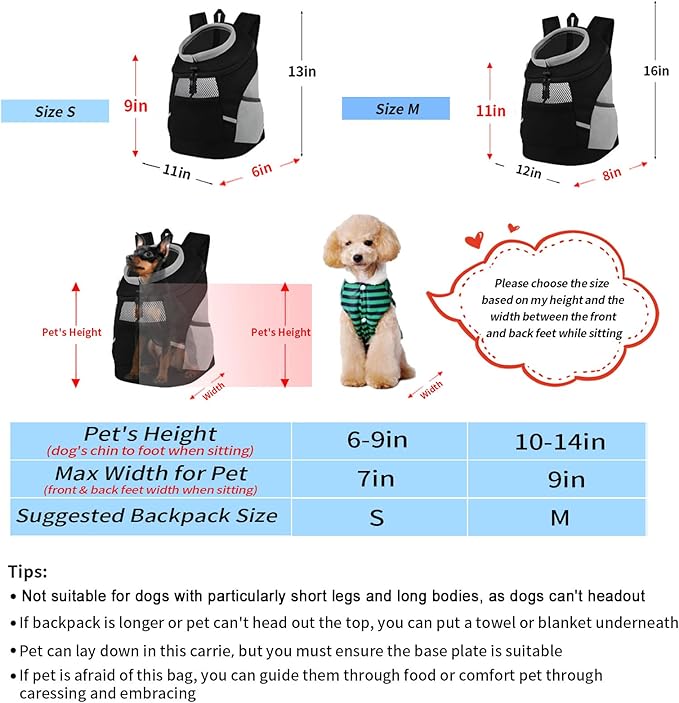 Dog Backpack Carrier, Front Chest Carrier for Cat Small Dogs, Pet Carrying Bag for Travel Hiking Cycling Outdoor Black S (Suggested Pet Height 7-10 in, 2-6 lbs)