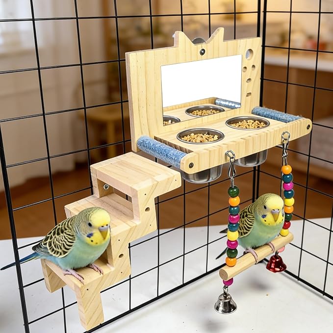 kathson Bird Perches Cage Toys with Bird Climbing Ladder Swing Mirror,Wooden Parrot Perches Platform with Feeding Cups,Parakeet Play Gyms Exercise Stands Cage Accessories for Lovebird,Budgie,Cockatiel