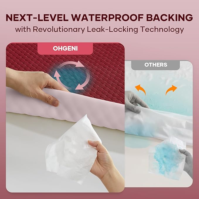 OhGeni 100% Waterproof Mattress Protector,Queen Size Mattress Soft Pad,Pet Hair & Bedwetting Resistant,Cooling Breathable Fitted Sheets,Washable Bed Cover,Non-Slip Deep Pocket,Noiseless,Red