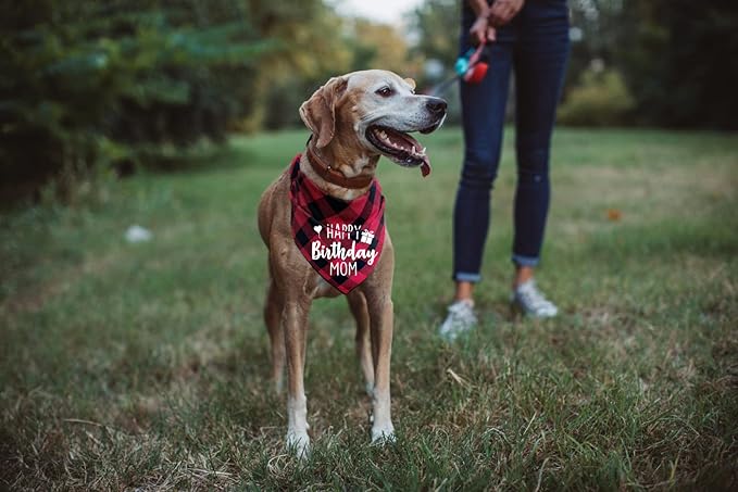 Ptzizi Funny Red Plaid Happy Birthday Mom Dog Printed Triangle Bandana, Small Medium Large Girl Pet Dog Birthday Party Scarf Bib Accessories Gift for Pet Dog Lovers Gift