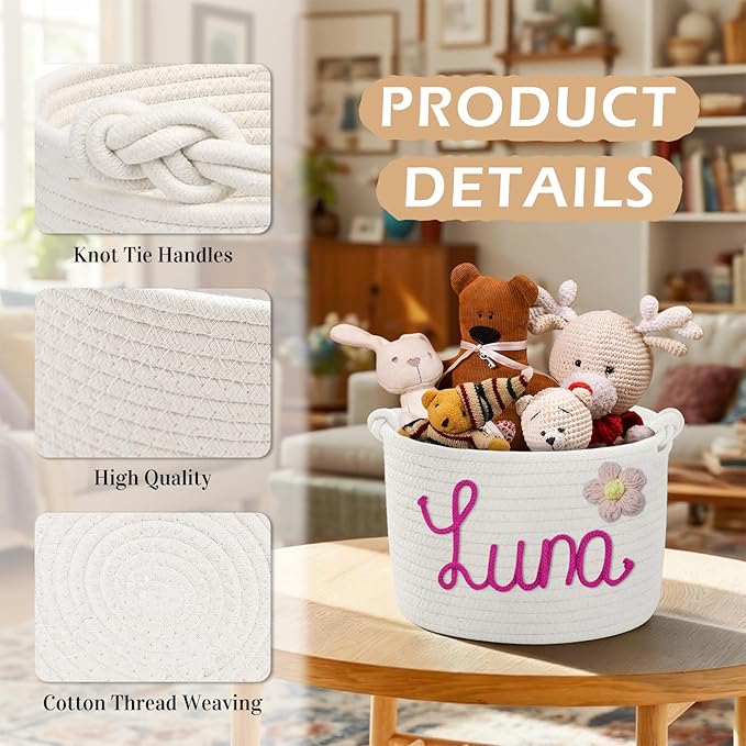 Personalized Dog Toy Storage Basket Custom Cotton Woven Bin with Pet's Name Rope Storage Organizer for Dog's Toys Clothing Blankets
