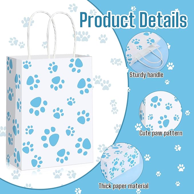 Blulu 20 Pcs Puppy Dog Paw Gift Bags with Paper Twist Handles, Dog Gift Paper Paw Treat Goodie Bags for PET Treat Party Favor, 6.3 x 3.1 x 8.6 Inch(White Backing, Blue Paws)