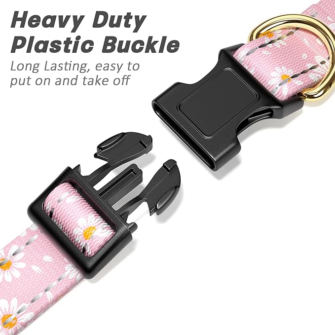 Reflective Dog Collar for Small Dogs, Cute Daisy Theme Adjustable Heavy-Duty Nylon Puppy Collar for Boy and Girl Female, Soft Pet Accessories with Quick Release Buckle, Neck 10-16", Pink