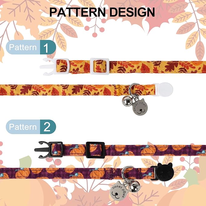 Lionet Paws 2pcs Pack Cotton Cat Collar,Breakaway Buckle with Purple Pumpkin, Red Leave and Brand Pendant Cute Adjustable Cat Kitten Collar,Ideal for Girl Cats Boy Cats