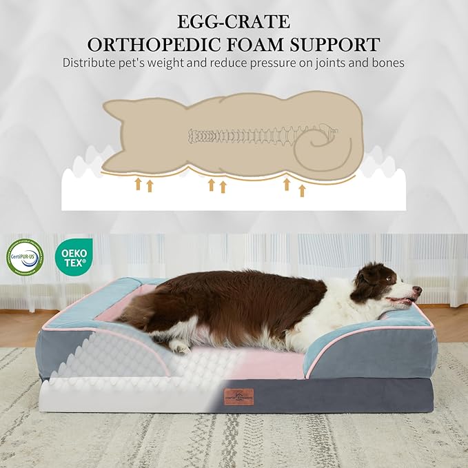 Comfort Expression Orthopedic Dog Bed for Large Dogs 36x27 Inch, Waterproof Egg Crate Foam Large Pet Bed with Removable Bolsters, Dog Couch with Washable Cover & Non-Slip Bottom, Cherry Blossom