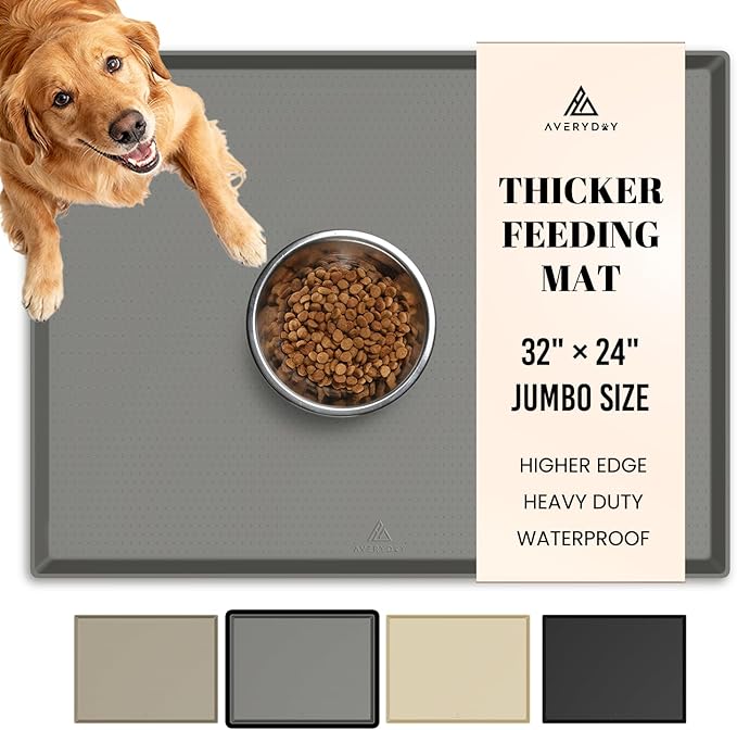 AVERYDAY 100% Waterproof Thicker Silicone Dog Food Mat, 0.63'' Raised Edge Bowl Mat for Food & Water, Non Slip Pet Feeding Placemat for Messy Drinkers, Perfect for Large Medium Small Breeds, 32"x24"