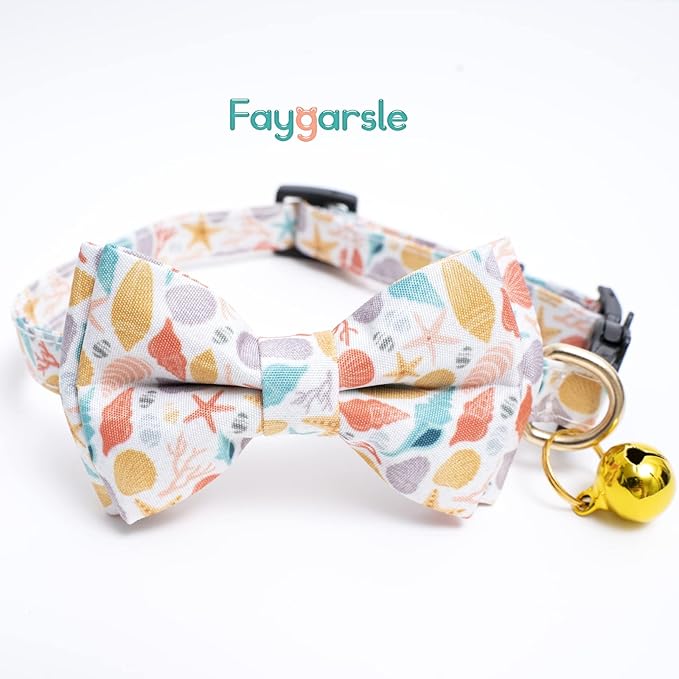 Faygarsle 2 Pack Cotton Designer Breakaway Cats Collar with Bow Tie and Bell Marine Theme Cat Collars for Girl Female Boy Male Cat Collar with Bell Fish Collars for Cats Collar Shell Pattern