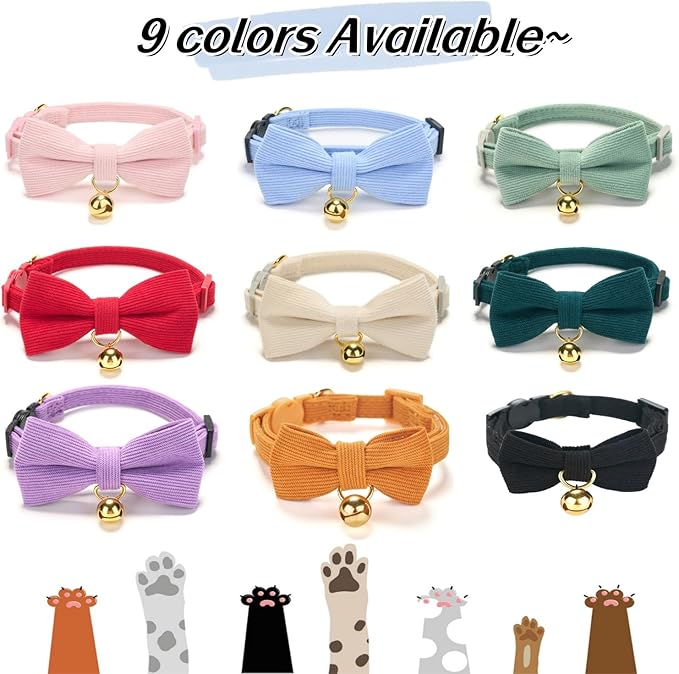 Soft Corduroy Cat Collar with Bell and Bowtie, Safety Breakaway Clasp, Adjustable for Kitten and Cats Black Color.