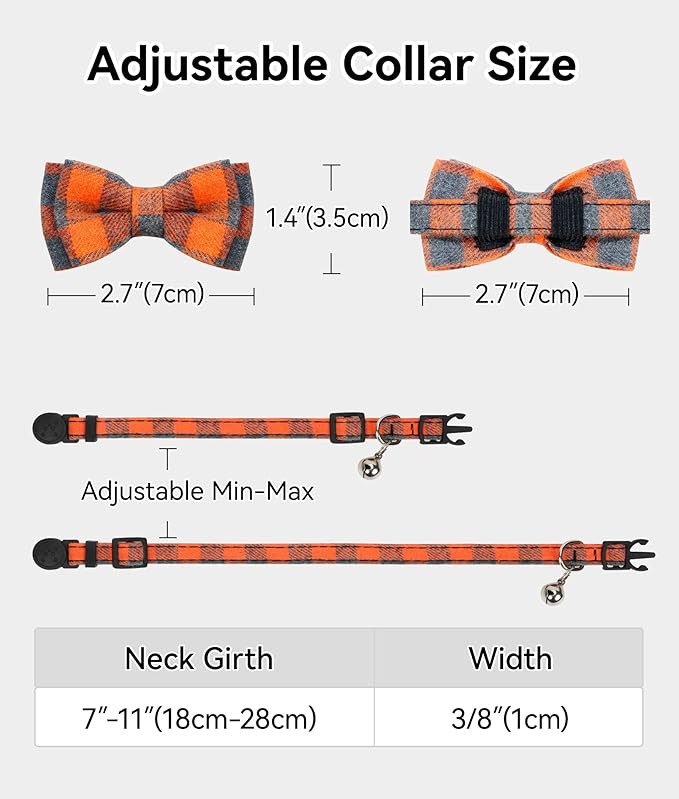Joytale Upgraded Cat Collar with Bells, Breakaway Cat Collars with Bow Tie, 1 Pack Girl Boy Safety Plaid Kitten Collars, Orange