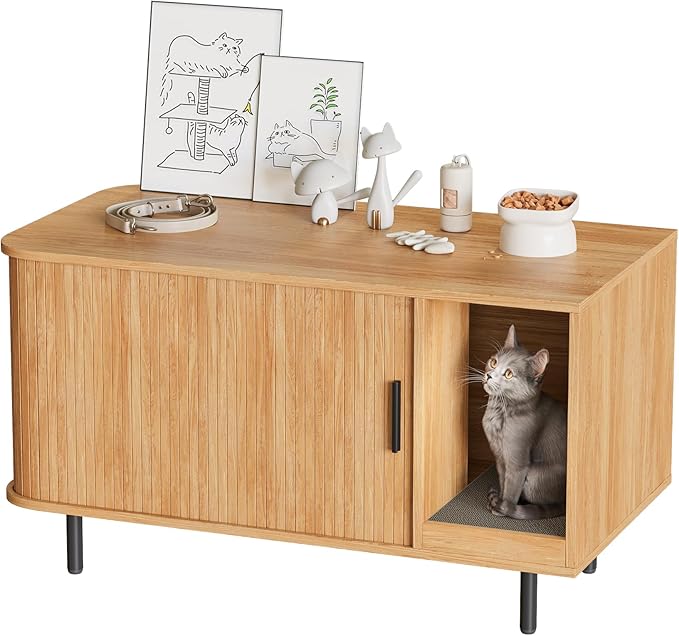 Cat Litter Box Enclosure with Cat Scratch Pad, Sliding Door, 37.4" Litter Box Enclosure Furniture Hidden Litter Box, Modern Indoor Cat House, TV Stand, Side End Table for Living Room, Natural