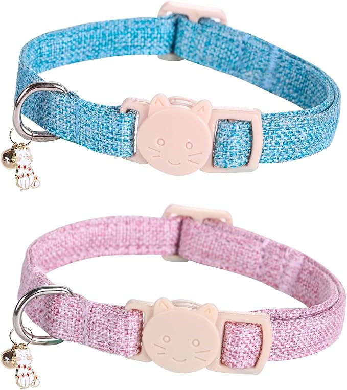 Cat Collar-2 Pack Cat Collar Blue and Pink Linnet with Kitten and Bell Pendant Safety Buckle Adjustable Pet Collar Suitable for Cats Gift to Cats and Small Pets