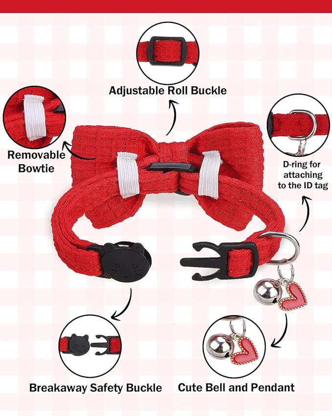 Cat Collar Breakaway with Bells, Soft Cotton Red Cat Bowtie Collar for Girl Cats, Small Cats Collar with Bow for Spring Summer, 2 Pack Cute Kitten Collars with Removable Bowtie 8-12Inch