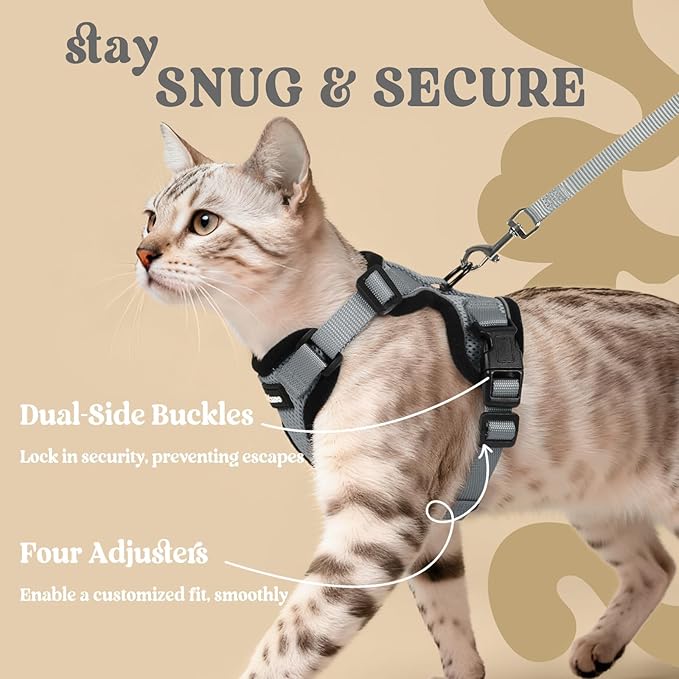 rabbitgoo Cat Harness and Leash for Walking, Escape Proof Soft Adjustable Vest Harnesses for Cats, Easy Control Breathable Reflective Strips Jacket, Grey, S