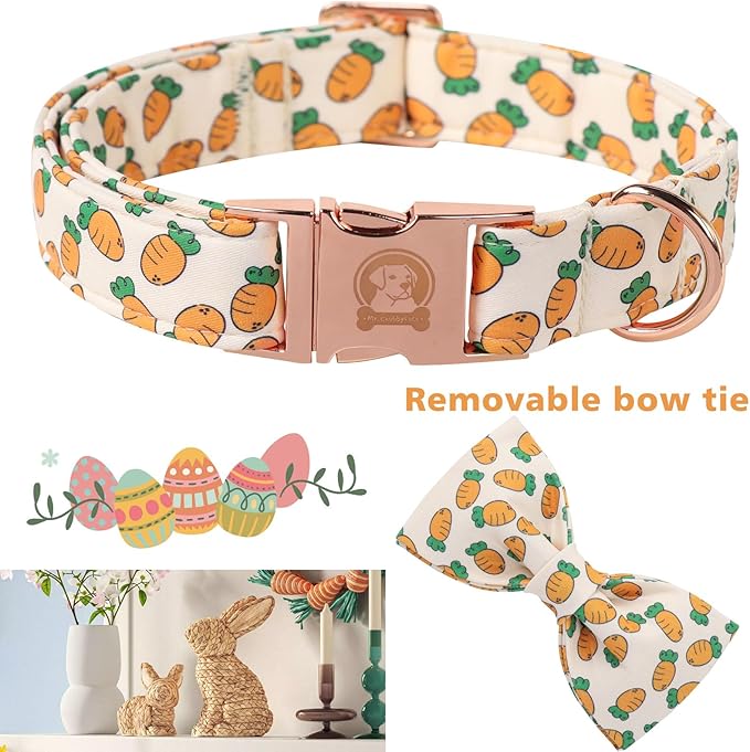 Easter Dog Collar with Bowtie, Cute Carrot Easter Dog Collar with Metal Buckle,Adjustable Soft Pet Collar for Small Medium Large Dogs