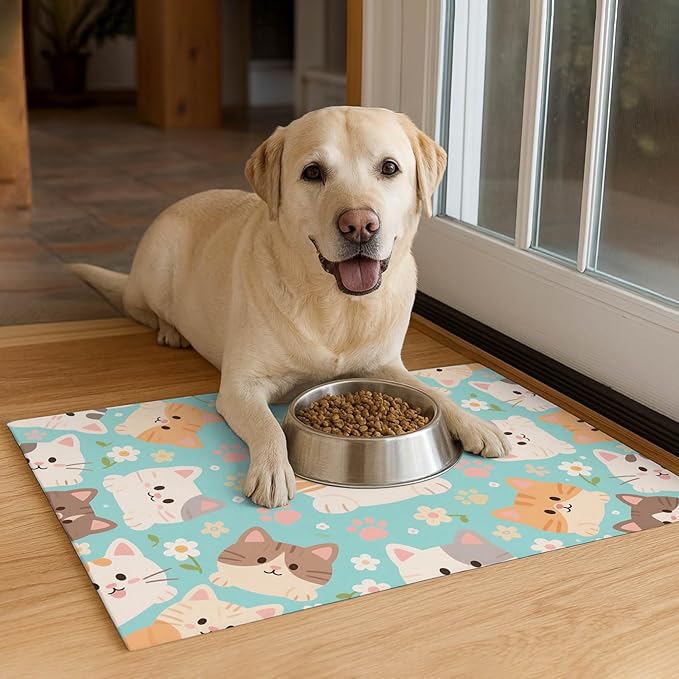 Cat Feeding Mat 24x16 inch Blue Kitten Print Pet Bowl Placemat Non Slip Floor Mat for Food and Water Indoor Kitty Feeding Station Cute Meal Pad for Small Pets Kitchen Use