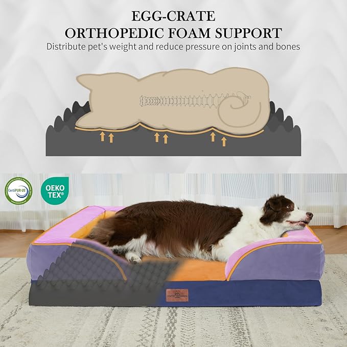 Comfort Expression Orthopedic Dog Bed for Extra Large Dogs 42x30 Inch, Waterproof Egg Crate Foam XL Pet Bed with Removable Bolsters, Dog Couch with Washable Cover & Non-Slip Bottom, Orange Breeze