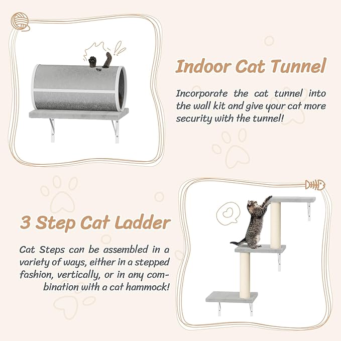 7-in-1 Cat Wall Shelves, Wall Mounted Cat Climber Set, Cat Furniture with House, Tunnel, Bridge, Steps, Scratcher, Hammock, Shelves for Indoor, Gray