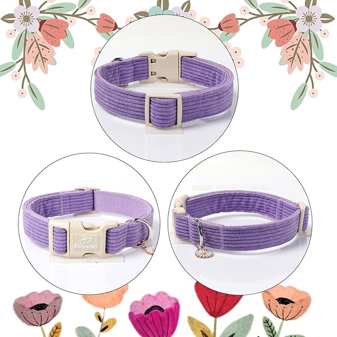 Cute Corduroy Dog Collar - Lavender Adjustable Dog Collars for X-Large Dogs 80+lbs, Fade-Proof with Secure Snap & Little Charm, Christmas Birthday Gift, XL