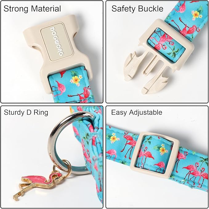 DOGWONG Spring Summer Dog Collar-Cute Flamingo Dog Collar, Adjustable Soft Beach Hawaiian Dogs Collars for Large Dogs, L