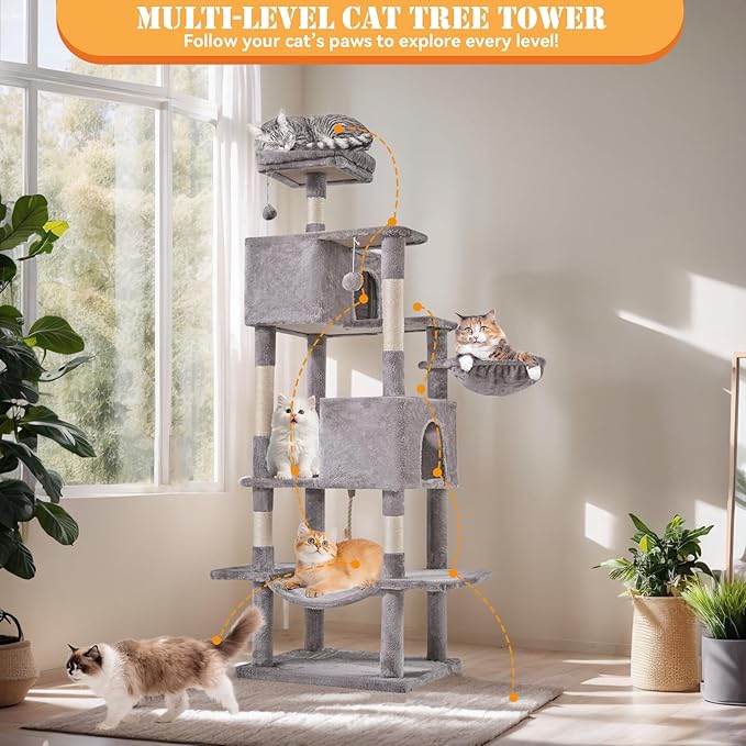 Sweetcrispy 66 Inch Cat Tree Tower, Multi Level Cat Climbing Tower with Natural Sisal Scratching Posts, Hammock, Pet Condo for Indoor Cats and Kittens Play, Grey