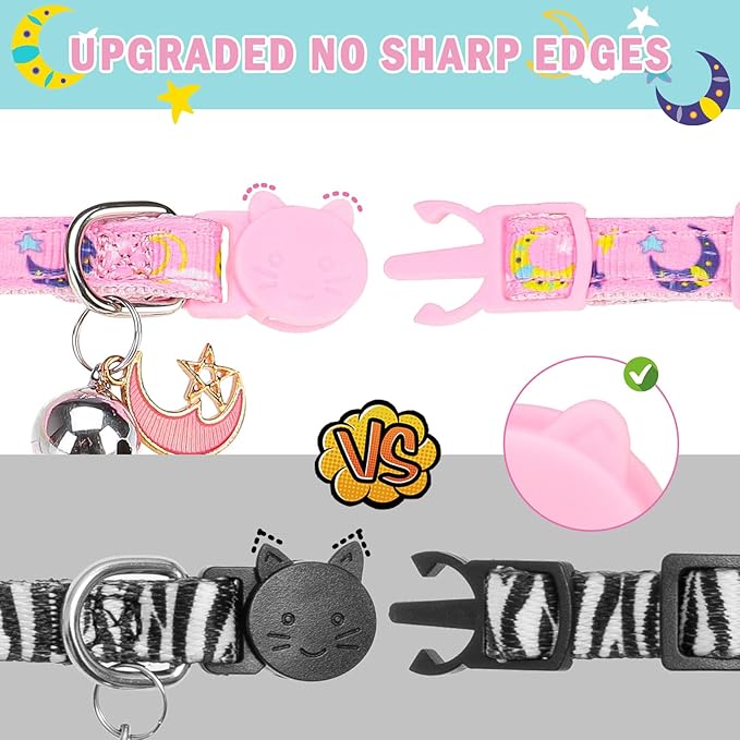 SCENEREAL Cat Collar Breakaway 3 Pack - Safety Kitten Collar with Bells Moons Stars Bowtie, Spring Summer Pet Accessory for for Girl Boy Male Outdoor and House Cats Kitty Adjustable 7''-12''