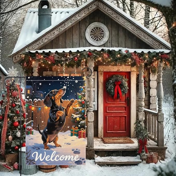 Dachshund Welcome Garden Flag 12x18 Inch Double Sided Christmas Burlap Yard Banner Winter Holiday Outdoor Decor for Dog Lovers Home Seasonal Decoration