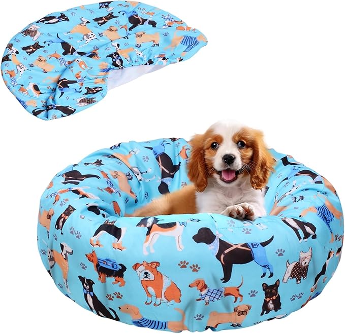 Round Replacement Dog Bed Covers Elastic Edged Washable Pet Bed Protector with Cute Dog Pattern Design for Small & Medium Pet Beds, Cover Only (Blue, 20×9.8 Inch)