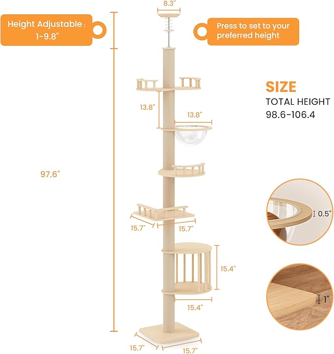 Floor to Ceiling Cat Tree Tower with Adjustable Height(98-106 Inches), Climbing Tower with Thickened Scratching Posts, Cats Activity Center with Cozy Hammock & Capsule