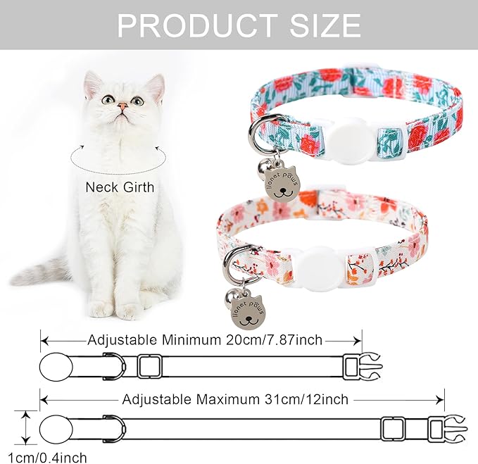 Lionet Paws 2pcs Pack Cotton Cat Collar,Breakaway Buckle with Rose Coreopsis and Brand Pendant Cute Adjustable Cat Kitten Collar,Ideal for Girl Cats