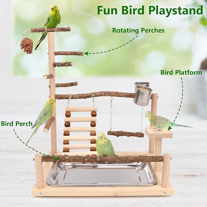 Wontee Bird Playground Wooden Bird Perch Stand Ladder Swing with Removable Tray & Feeding Cups for Budgies Parakeets Caique Senegal Cockatiels Conures