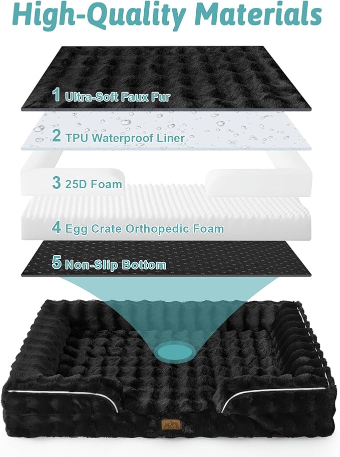Orthopedic Dog Bed for Large Size Dog, Soft and Warm Faux Fur Extra Large Sofa for Pet Up to 100 lbs, Foam Bolster Anti-Slip Couch with Washable Removable Cover, XL 44x32x7 inch, Black