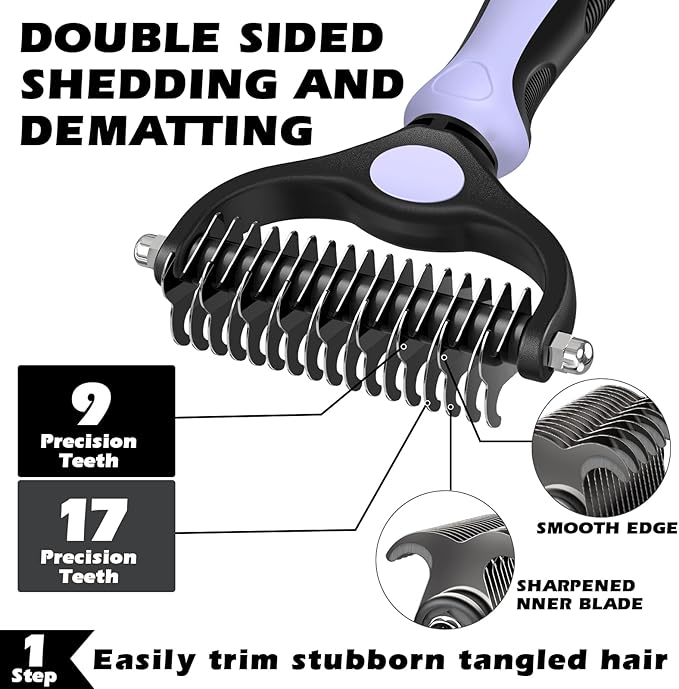 3PCS Self Cleaning Slicker Brush & Pet Grooming Rake & Flea Comb for Dogs,Cats and Horses | Double-Sided Dematting Comb & Skin Friendly Deshedding Grooming Tool | Pet Supplies(Light Purple Black)