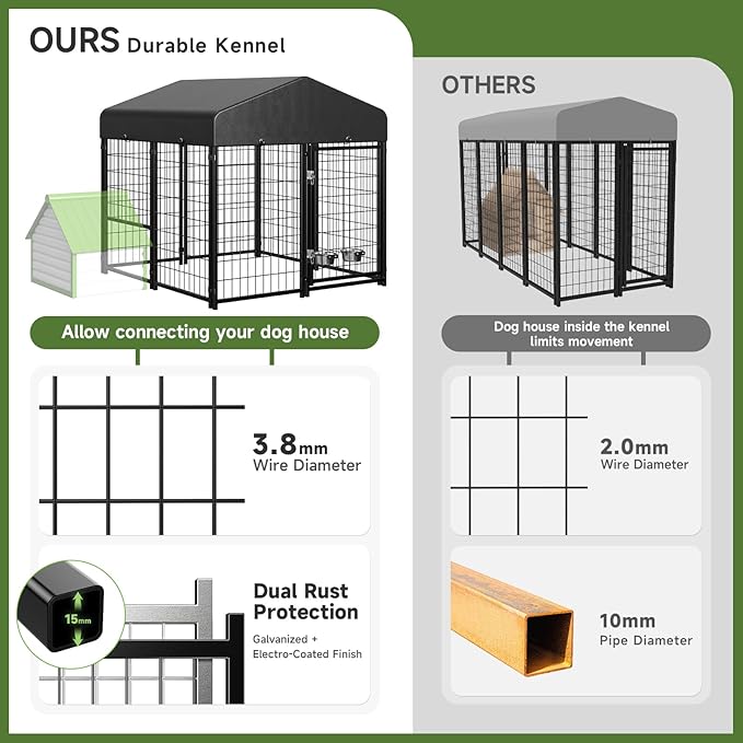 Dog Kennel Outdoor, Outside Dog Kennel with Roof & Swivel Feeders/Removable Doggy Door Allow Connecting Your Dog House, Heavy Duty Dog Run Pen Yard for Medium/Large Dogs (5'L x 5'W x 5'H)
